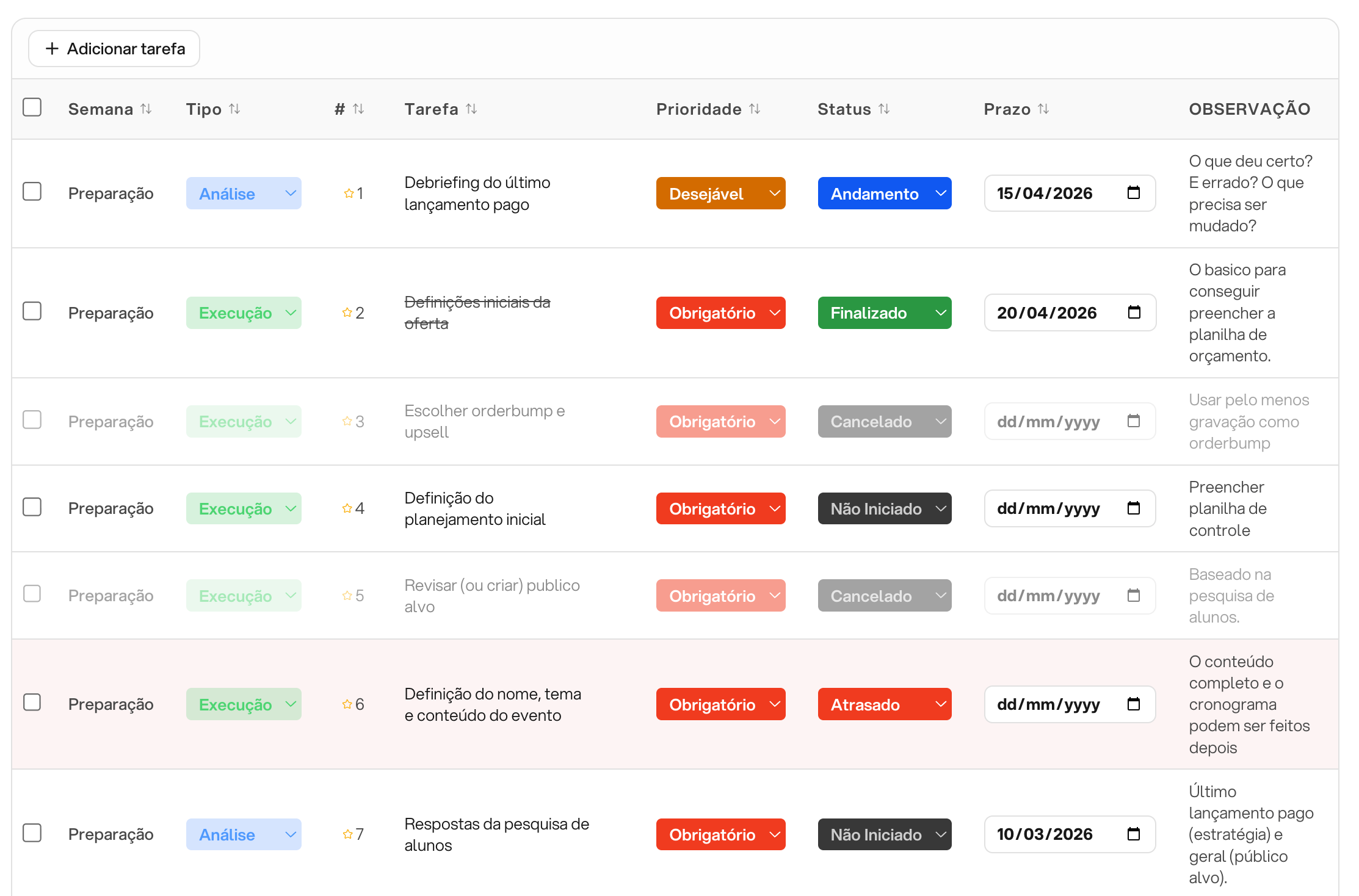 AG Launch - 155 Tarefas Organizadas por Semana