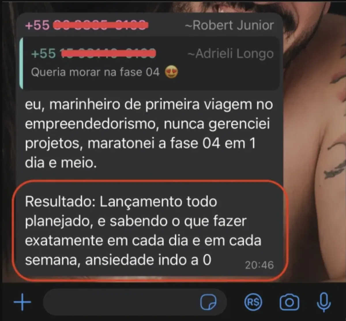 Print de WhatsApp do Robert Júnior: lançamento todo planejado, sabendo o que fazer cada dia, ansiedade indo a zero
